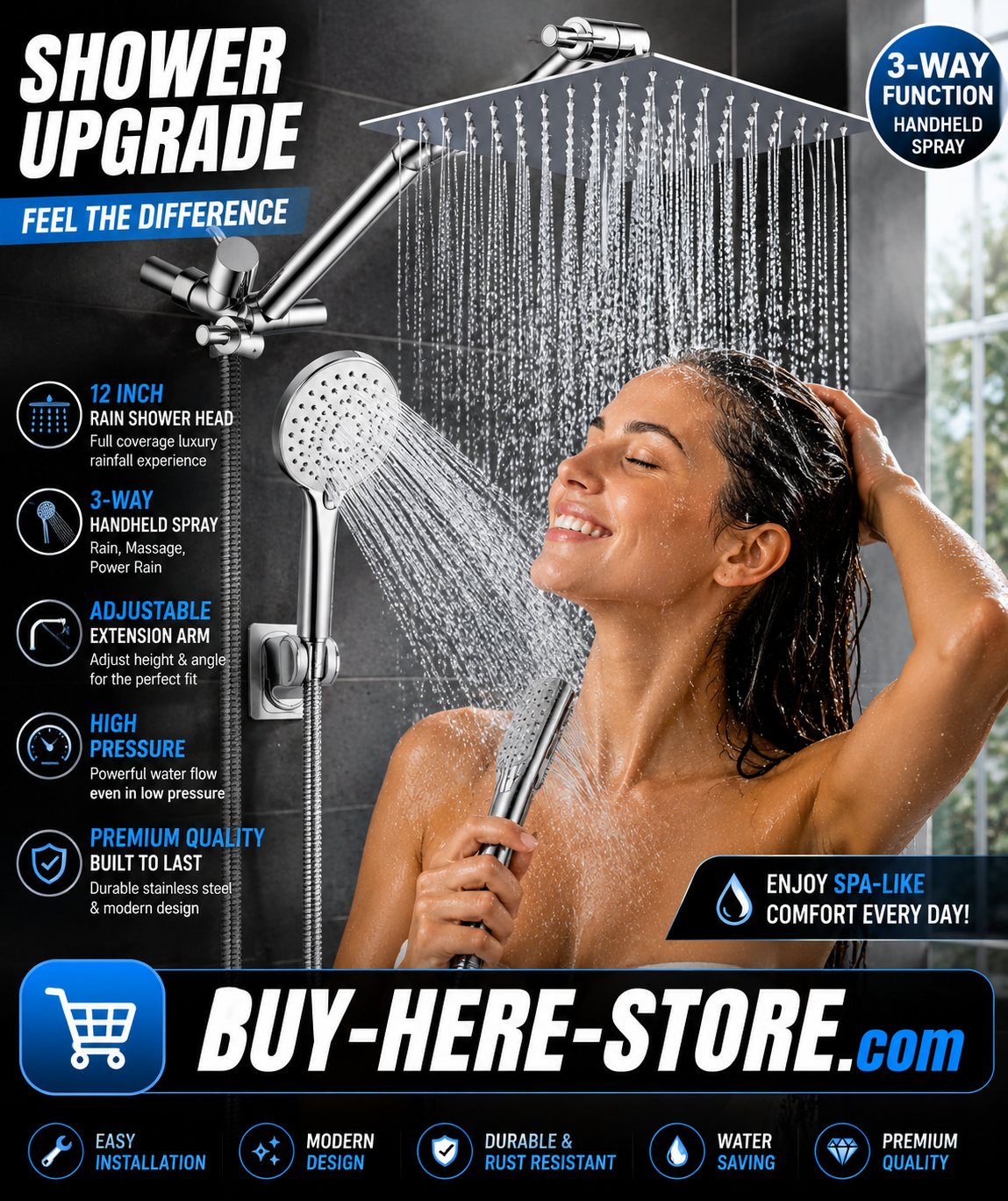 A-1(r) Luxury 12-Inch Rainfall Shower Head Combo – High Pressure 3-Way Spa Shower System
