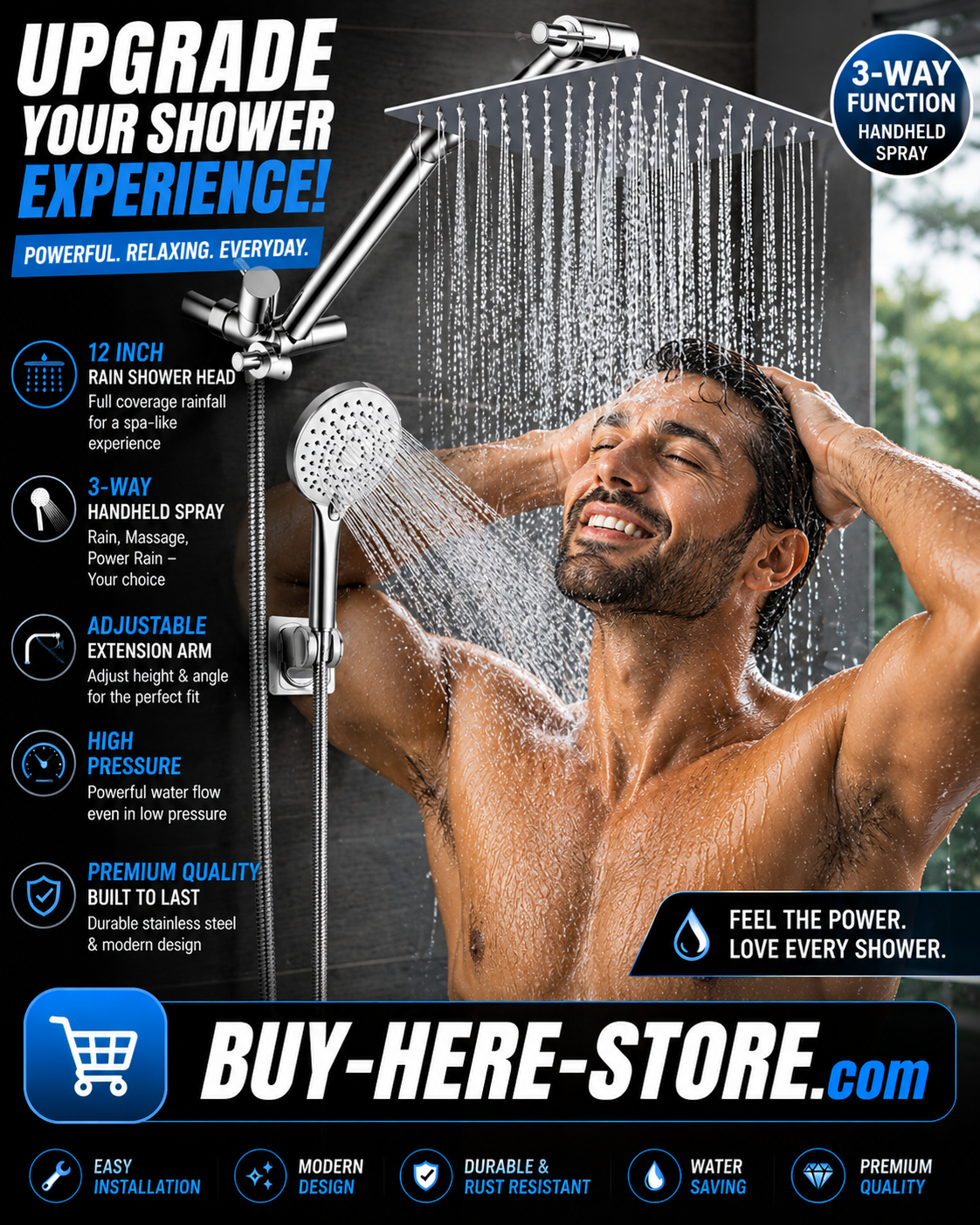 A-1(r) Luxury 12-Inch Rainfall Shower Head Combo – High Pressure 3-Way Spa Shower System - Image 4