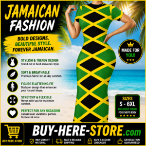 B-1(i) IslandElegance Jamaica Flag Maxi Bodycon Dress